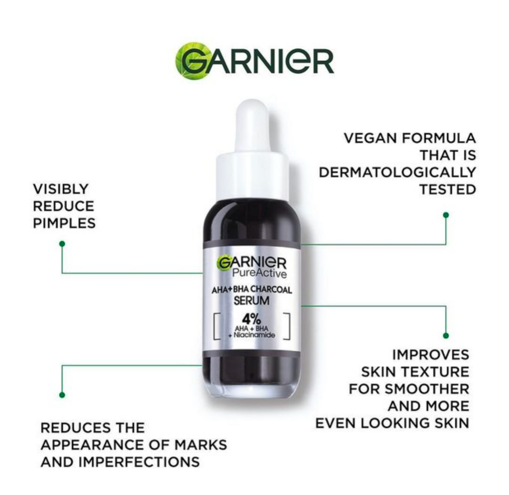Garnier Pure Active Anti-Blemish Charcoal Serum with 4% Niacinamide, AHA and BHA(salicylic Acid) - Reduced Pimples and Dark Marks - 30ml