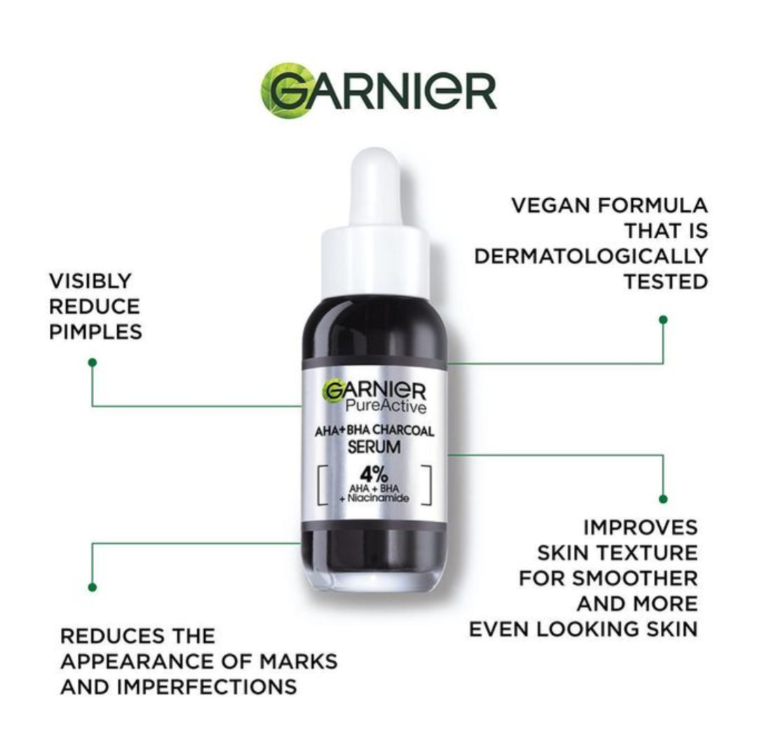 Garnier Pure Active Anti-Blemish Charcoal Serum with 4% Niacinamide, AHA and BHA(salicylic Acid) - Reduced Pimples and Dark Marks - 30ml